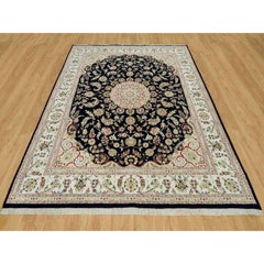 8'x10'1" Navy Blue Hand Knotted Nain with Medallion Design Wool & Silk Rug