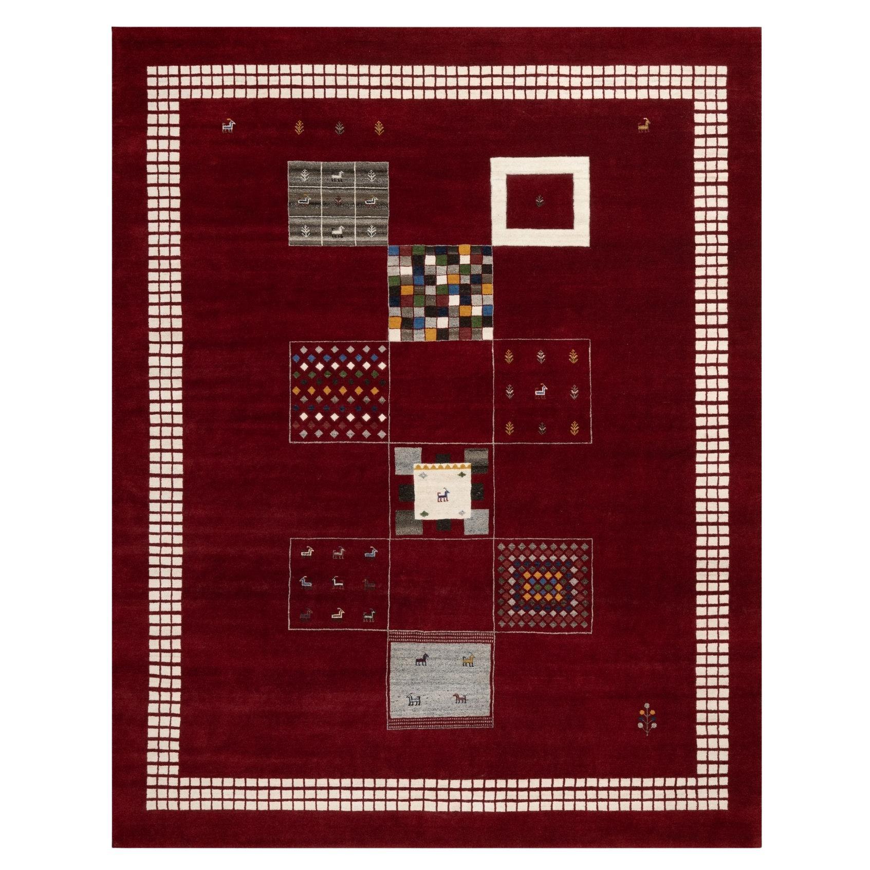 8
x10
1" Red, Modern, Thick and Plush, Hand Knotted, Lori Buft Gabbeh Wool Rug For Sale