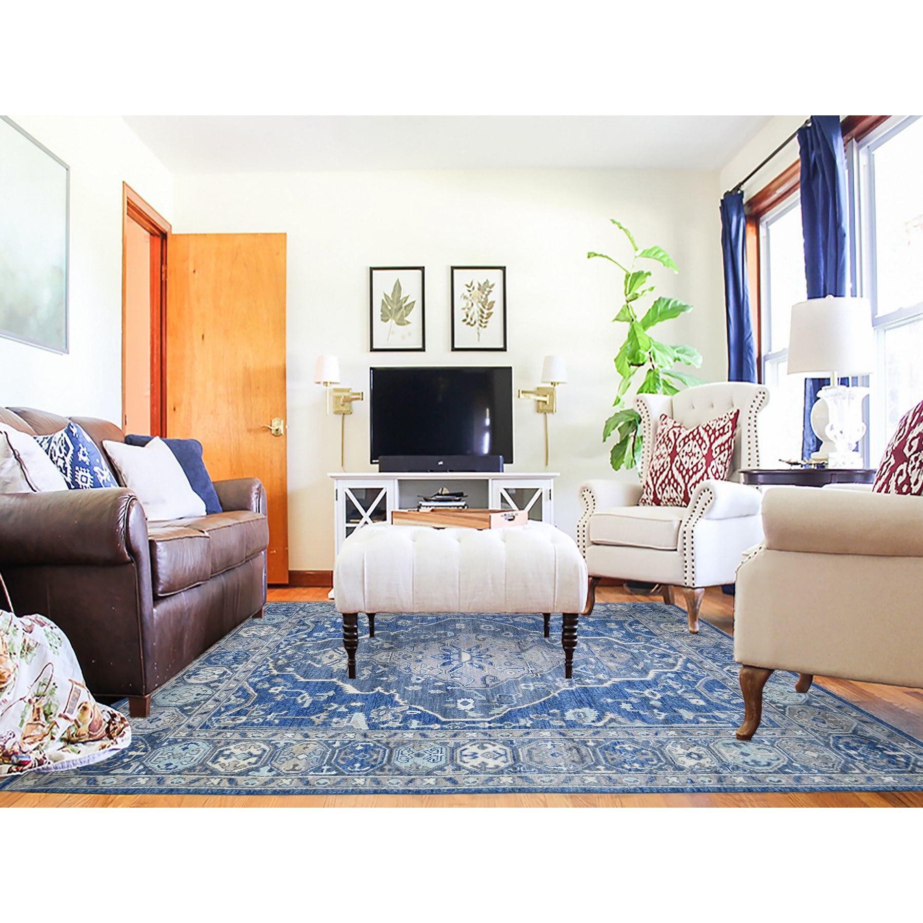 Steel Blue, Anatolian Village Inspired with Large Medallions Vegetable Dyes, Pure Wool Hand Knotted, Oriental Rug
Primary materials: Wool
Latex: No Pile 
height: 0.25 Inches
Style: Traditional
Primary color: Blue
Secondary colors: Ivory, Light Blue,