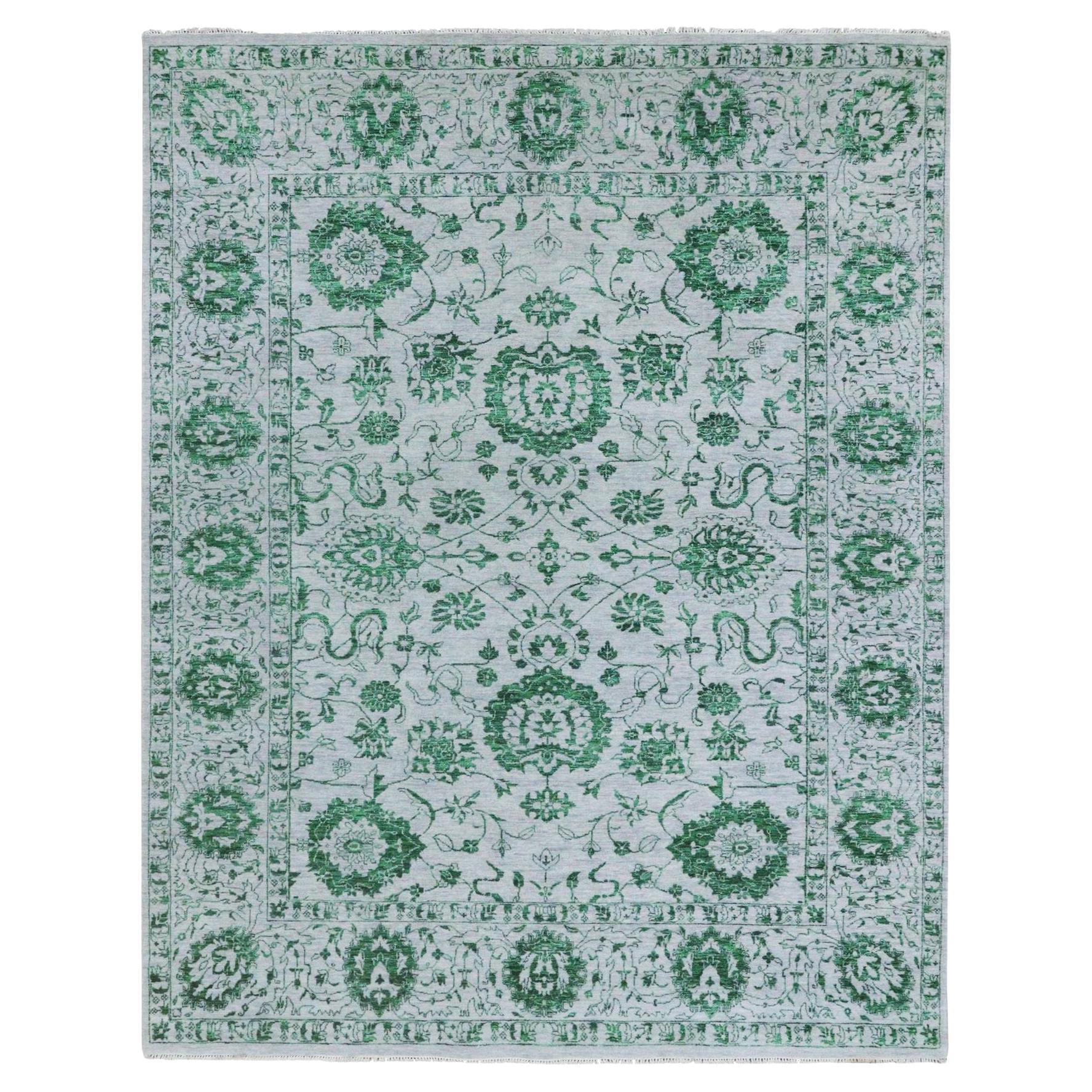 8'x10'1" Weiß & Grün Persisch Tabriz Einfluss Design Wolle Hand geknüpft Teppich im Angebot