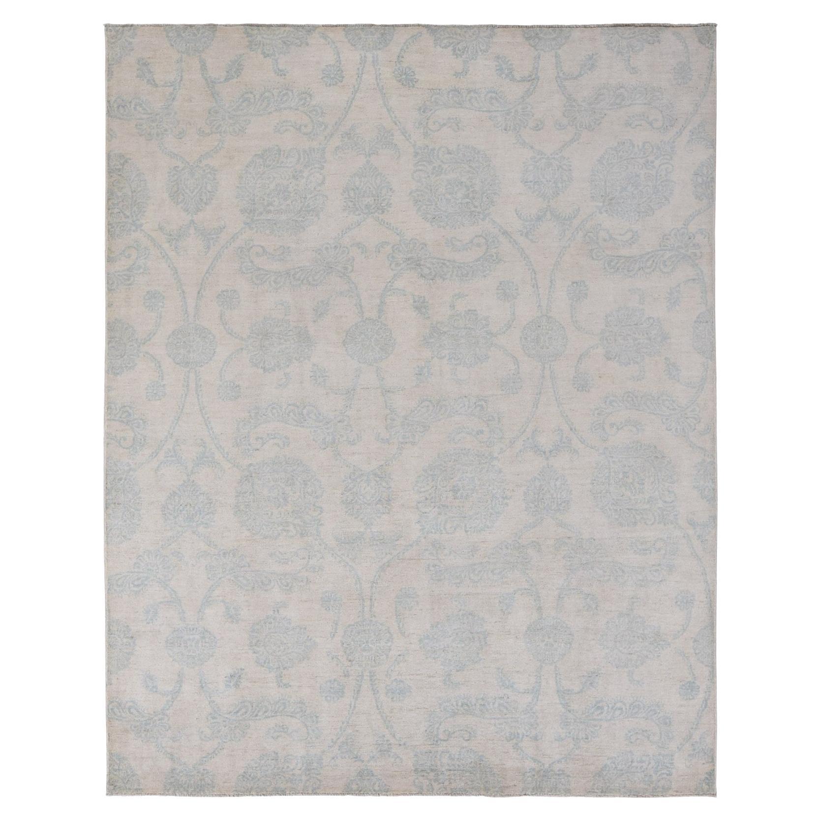 8'x10'1" Blanc, Peshawar avec Oushak Damask Design Pure Wool Tapis noué à la main