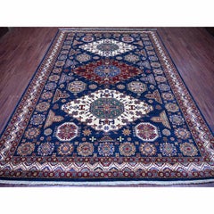 8'x10'10" Blue Afghan Super Kazak with Geometric Design Hand Knotted Wool Rug