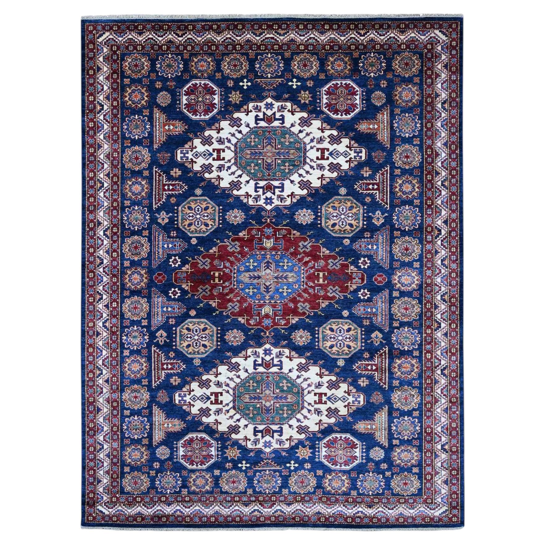 8'x10'10" Blue Afghan Super Kazak with Geometric Design Hand Knotted Wool Rug