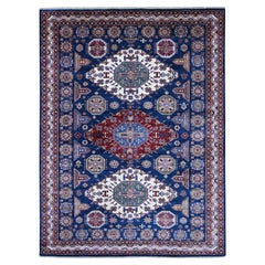 8'x10'10" Blue Afghan Super Kazak with Geometric Design Hand Knotted Wool Rug