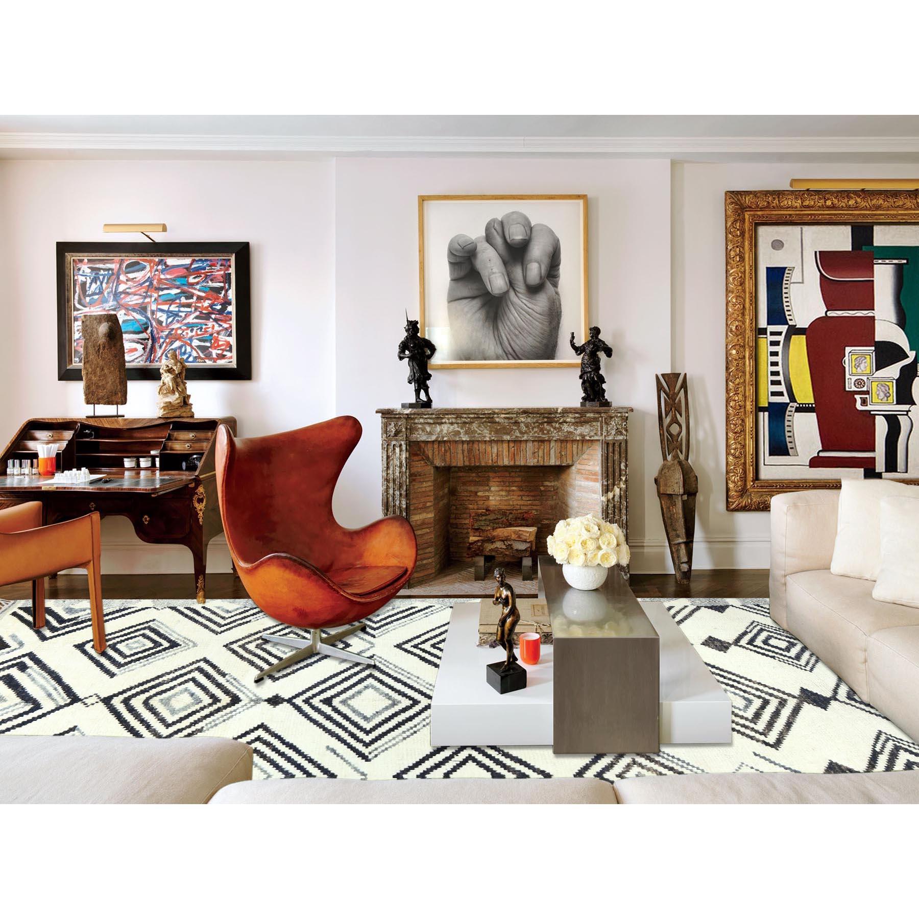 Pearl Ivory, Ben Ourain Moroccan Berber Influence Design, Natural Dyes, Soft Wool, Hand Knotted Oriental Rug
Primary materials: Wool
Latex: No Pile 
height: 0.25 Inches
Style: Traditional
Primary color: Ivory
Secondary colors: Gray, Ivory,