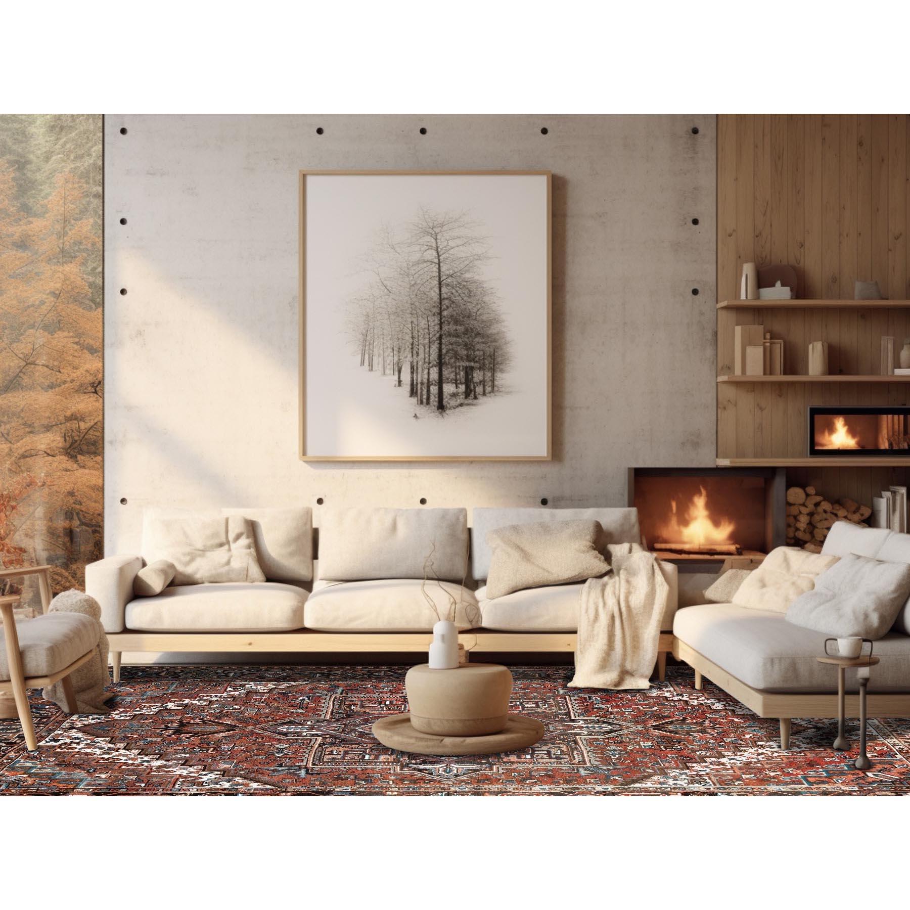 Korallenrot, Vintage Persian Heriz mit geometrischem Medaillon-Design, 100% Wolle, handgeknüpft, gleichmäßige Abnutzung, dünn geschnitten, guter Zustand, Seiten und Enden professionell gesichert, Orientteppich
Primäre MATERIALIEN: Wolle
Latex: Kein