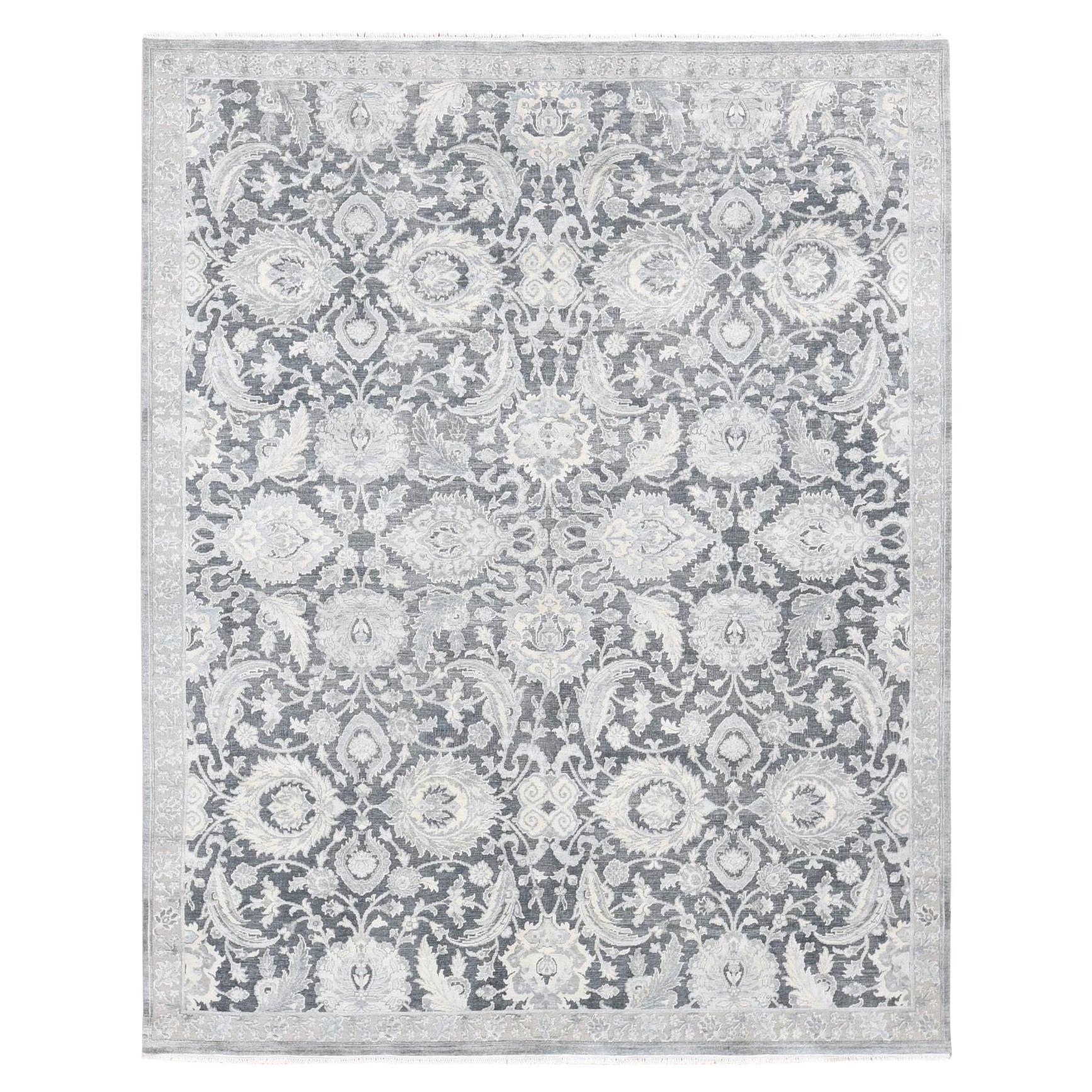 8'x10'2" Gris Arsénico, Diseño Oushak, Seda con Textura de Lana Anudada a Mano, Alfombra