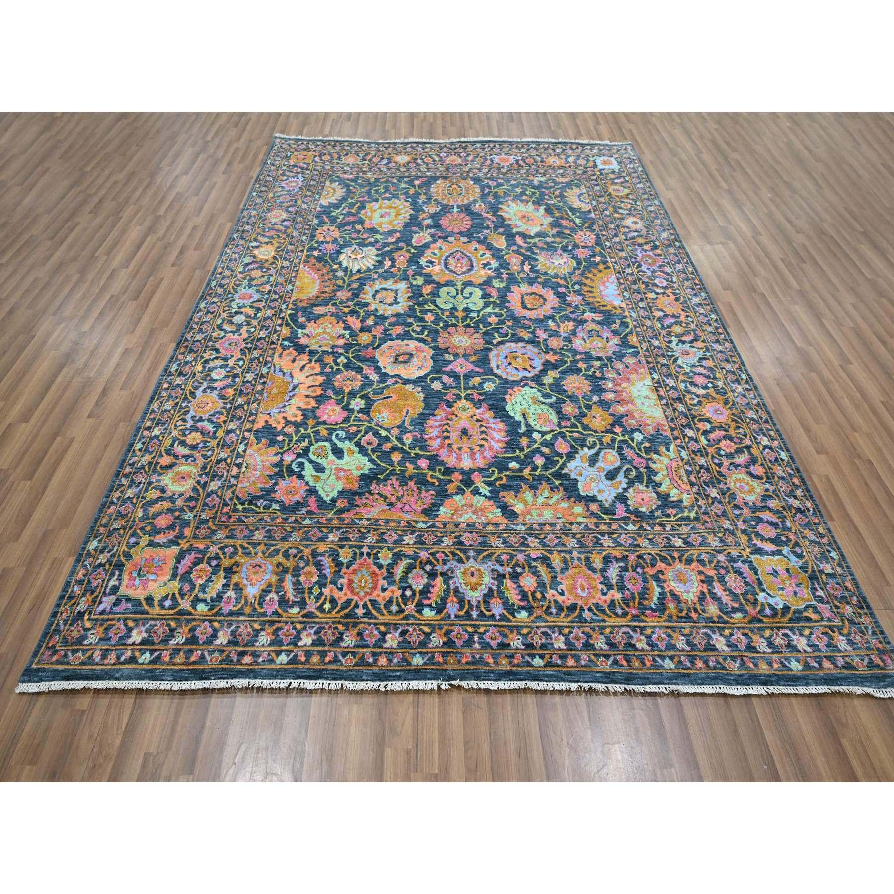 Imperial Blue, Colorful All Over Tabriz Design, Wool & Silk, Hand Knotted, Oriental Rug
Primary materials: Wool & Silk
Latex: No Pile 
height: 0.25 Inches
Style: Traditional
Primary color: Blue
Secondary colors: Yellow, Pink, Orange, Green, Light