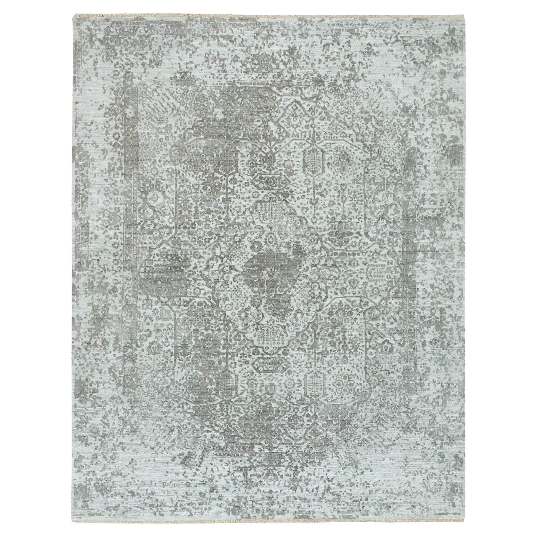 8'x10'2" Chrome Gray Zoroastrian Hand Knotted Wool and Silk Oriental Rug