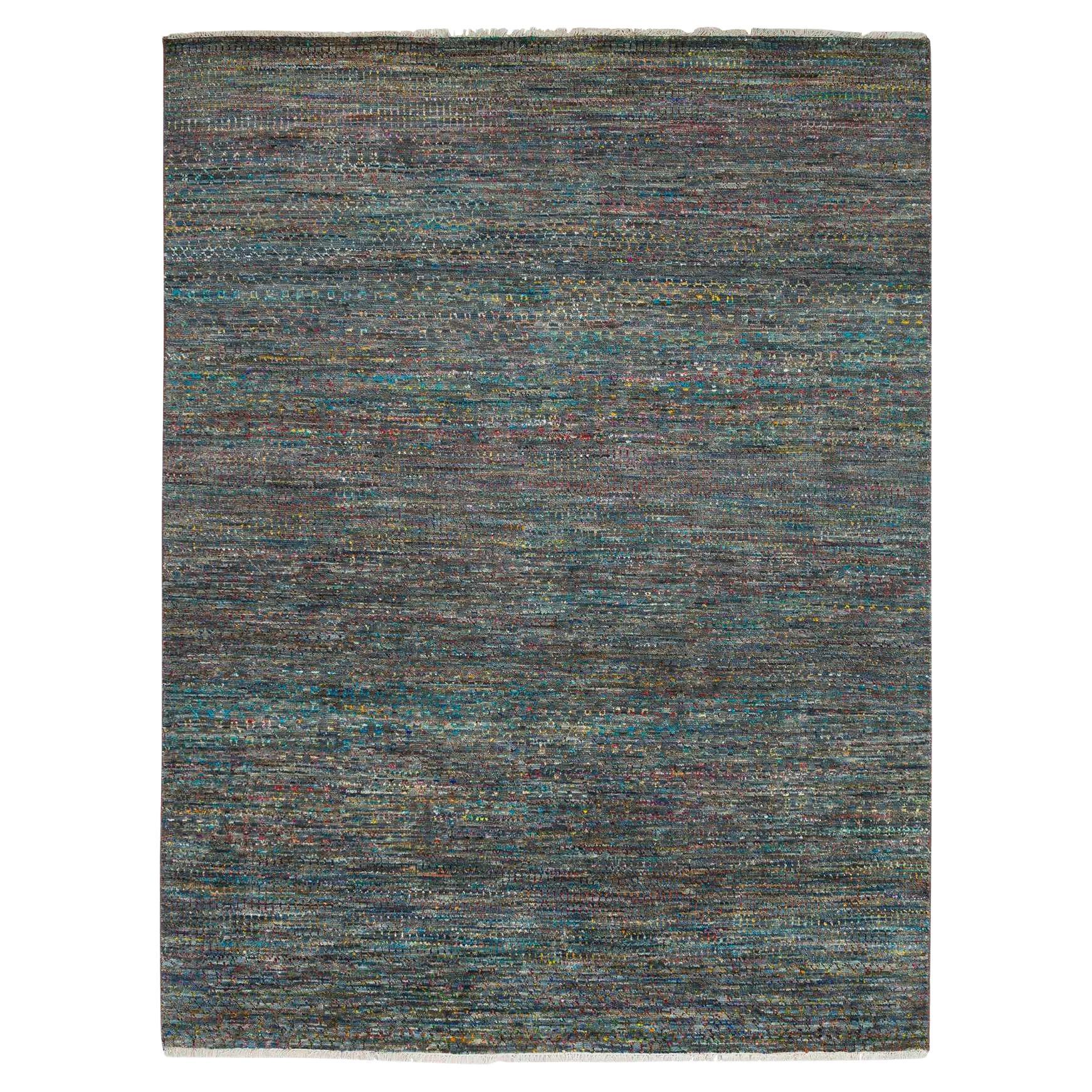8'x10'2" Colorato, moderno design a striature, tappeto annodato a mano in lana e seta Sari