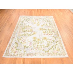 8'x10'2" Ivory Aubusson Botanical Pattern Flat Weave Hand Woven Pure Wool Rug