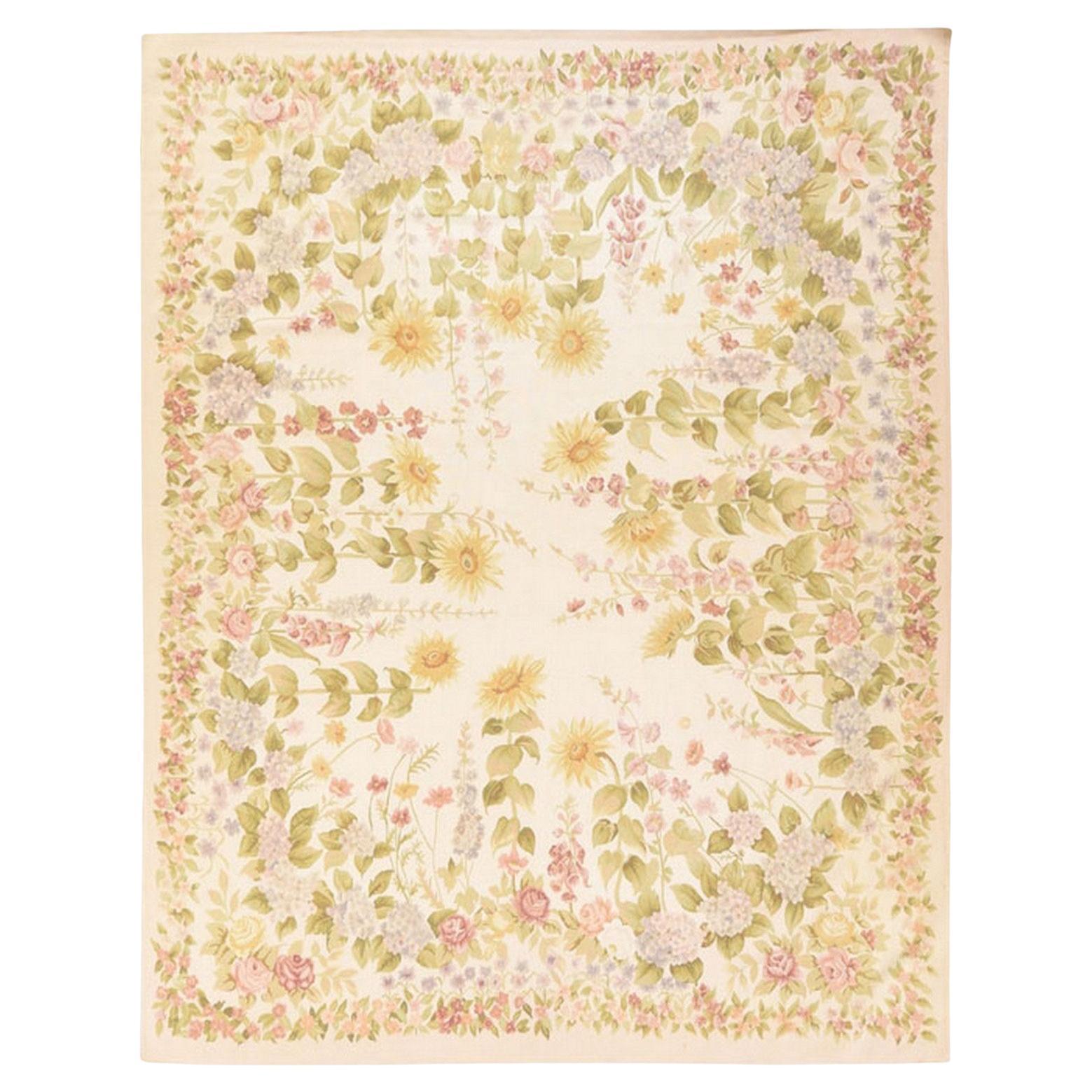 8'x10'2" Ivory Aubusson Botanical Pattern Flat Weave Hand Woven Pure Wool Rug For Sale