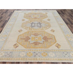 8'x10'2" Ivory Cloudbank Kazak with Turkish Knot Hand Knotted Pure Wool Rug