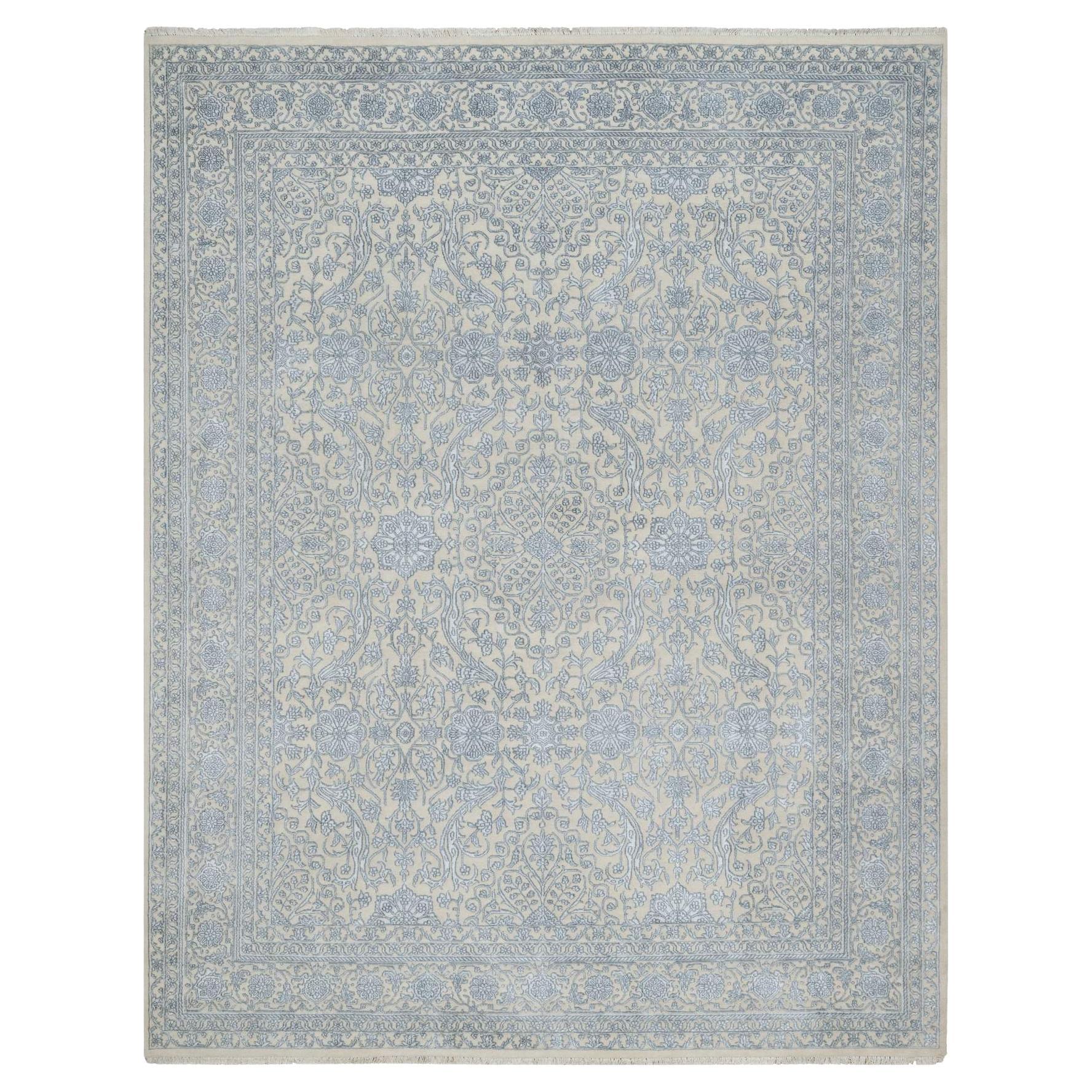 8'x10'2" Leinen Weiß Persisches Design Wolle und Pflanzenbasierte Seide Handgeknüpfter Teppich