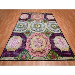 8'x10'2" Yellow Colorful Mamluk Design Hand Knotted Silk with Hand Knotted Rug