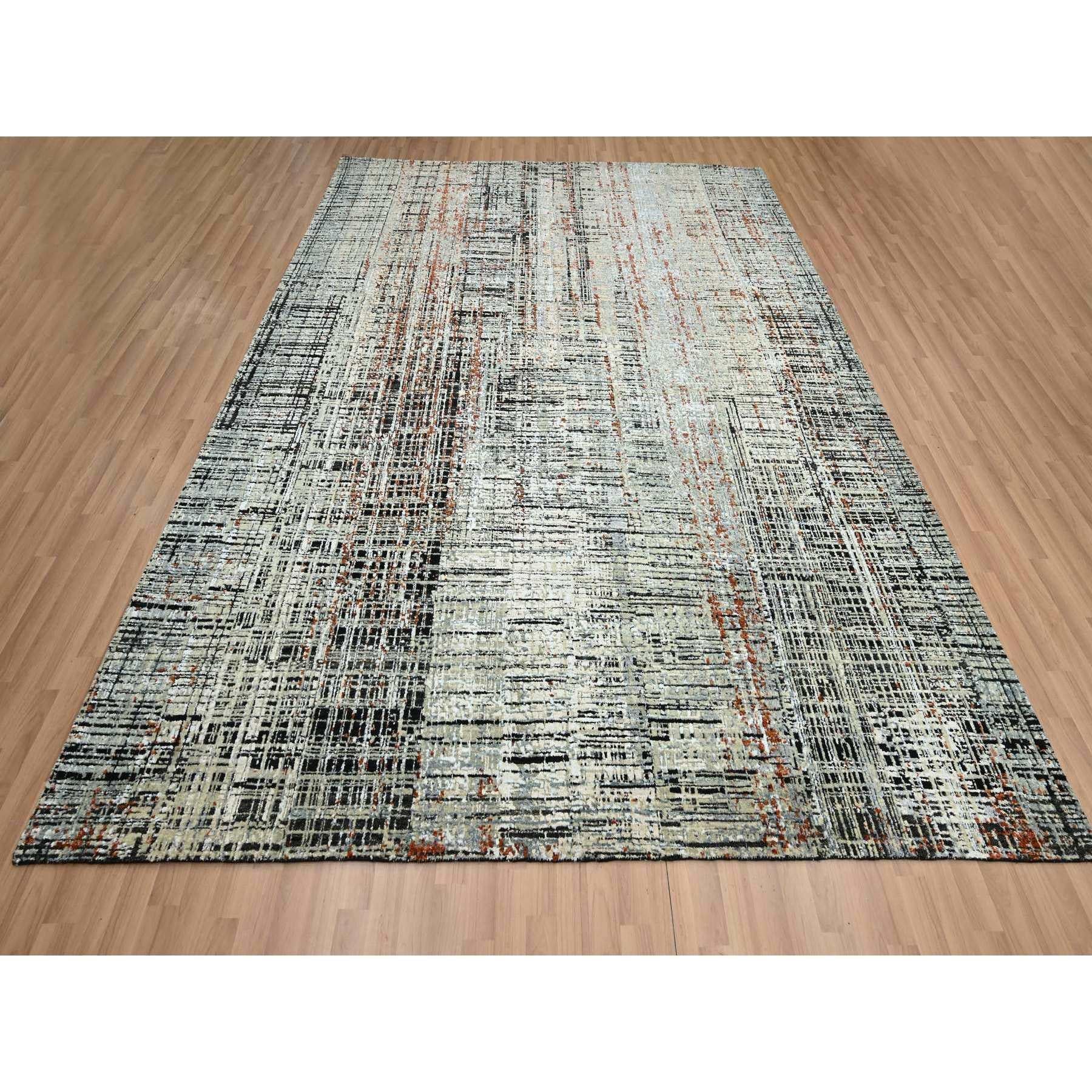 Onyx Black with Beige, Abstract with Galaxy Design, Persian Knot, Densely Woven, 100% Wool, Hand Knotted, Oriental Rug
Primary materials: Wool
Latex: No Pile 
height: 0.25 Inches
Style: Contemporary
Primary color: Black
Secondary colors: Ivory,