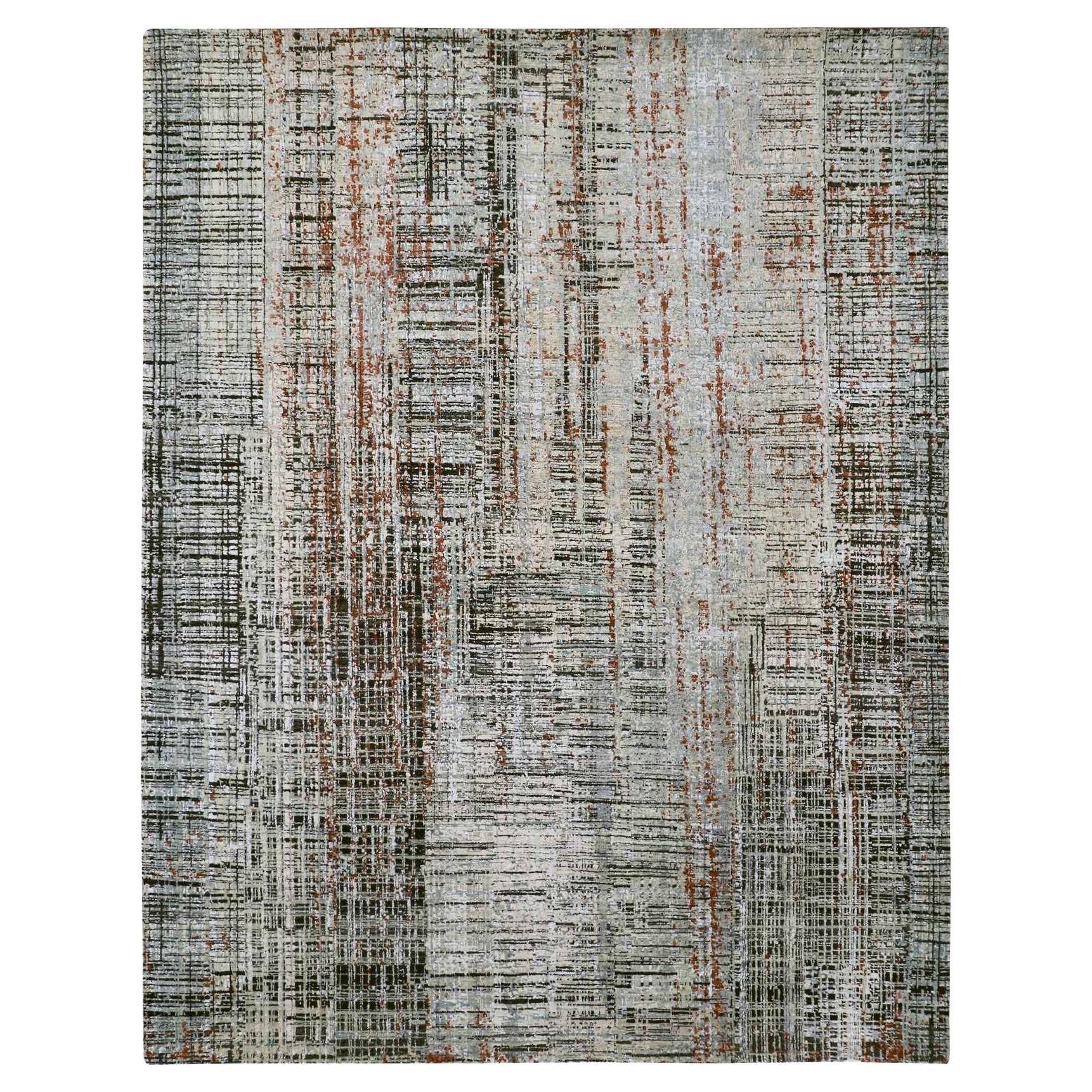 8'x10'3" Black with Beige Abstract Design Persian Knot Hand Knotted Wool Rug For Sale