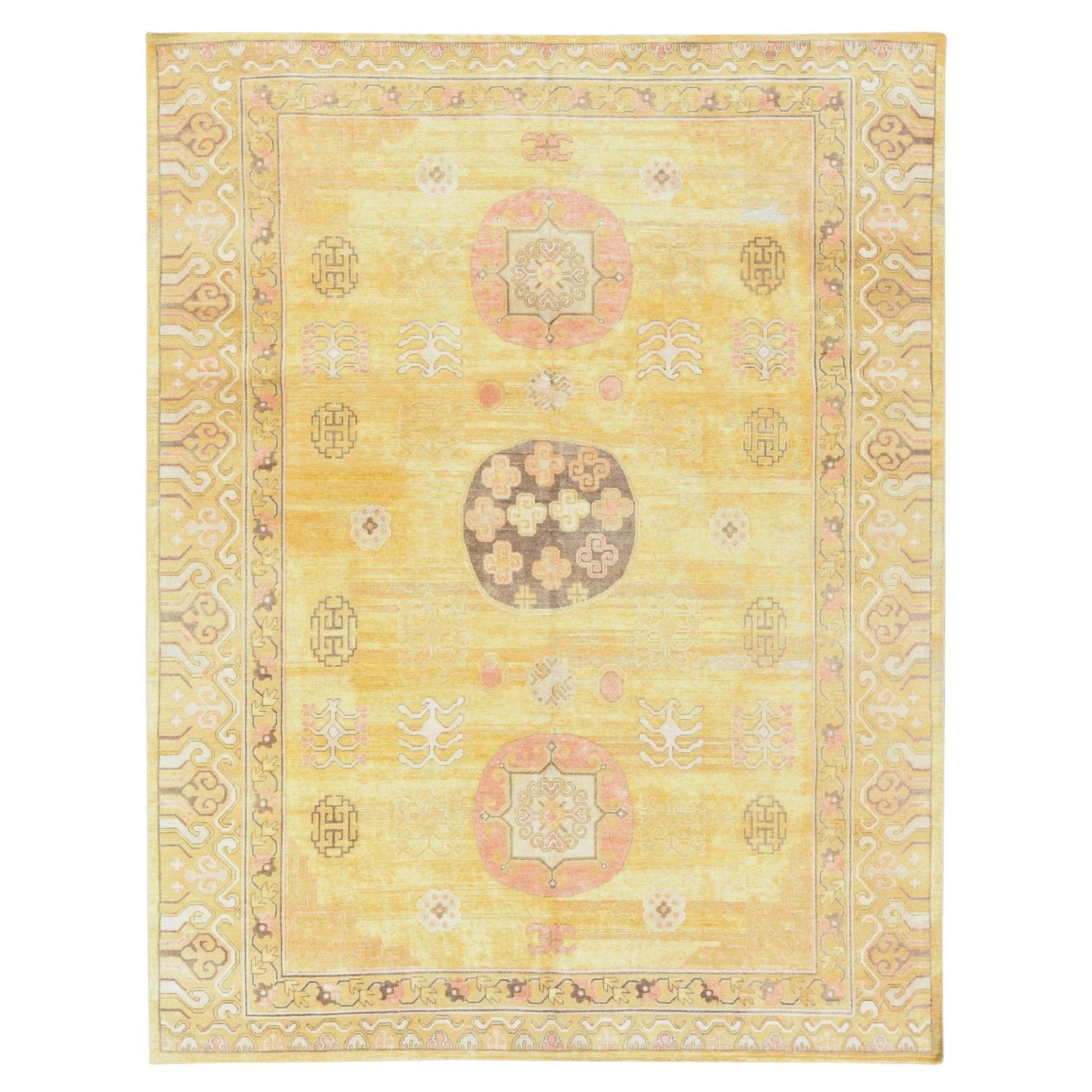8'x10'3" Golden Yellow Pure Silk with Khotan Medallion Design Hand Knotted Rug For Sale