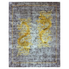 8'x10'3" Gray, Golden Dragons Chinese Inspired, Wool and Silk Hand Knotted Rug