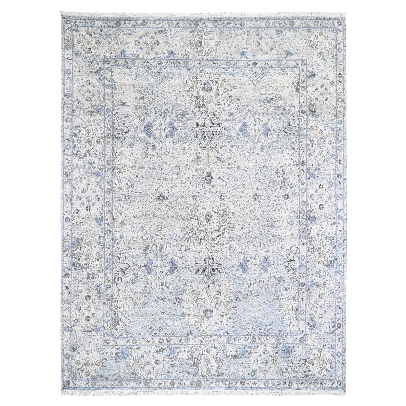 8
x10
4" Blue Distressed Oushak Pure Silk with Textured Wool Hand Knotted Rug For Sale