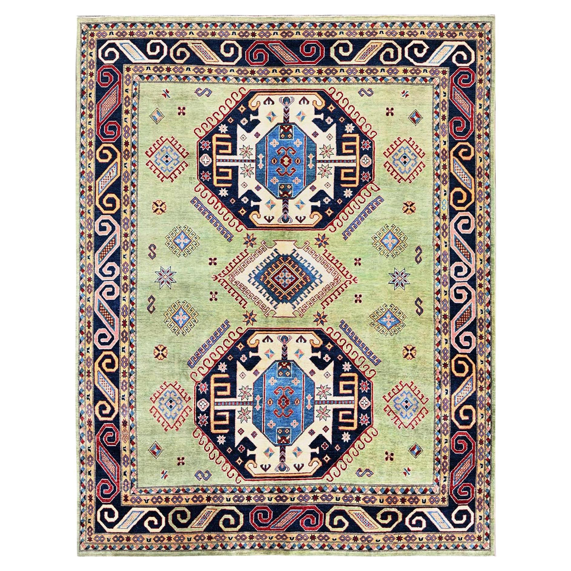 8
x10
4" Grüner Afghan Special Kazak Geometrisches Design Handgeknüpfter Teppich aus reiner Wolle