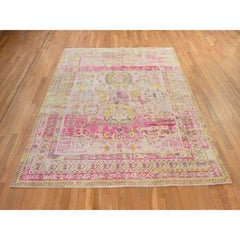 8'x10'5" Rose Pink Pure Silk with Khotan Medallion Design Hand Knotted Rug