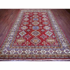 8'x10'6" Crimson Red Afghan Super Kazak Medallions Design Hand Knotted Wool Rug