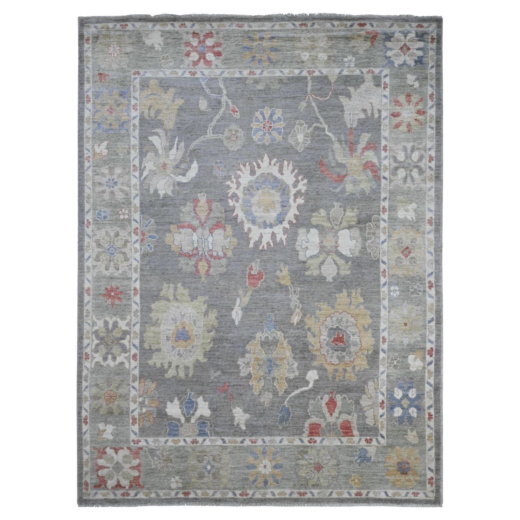 8'x10'6" Dim Gray Afghan Angora Oushak Floral Design Pure Wool Hand Knotted Rug