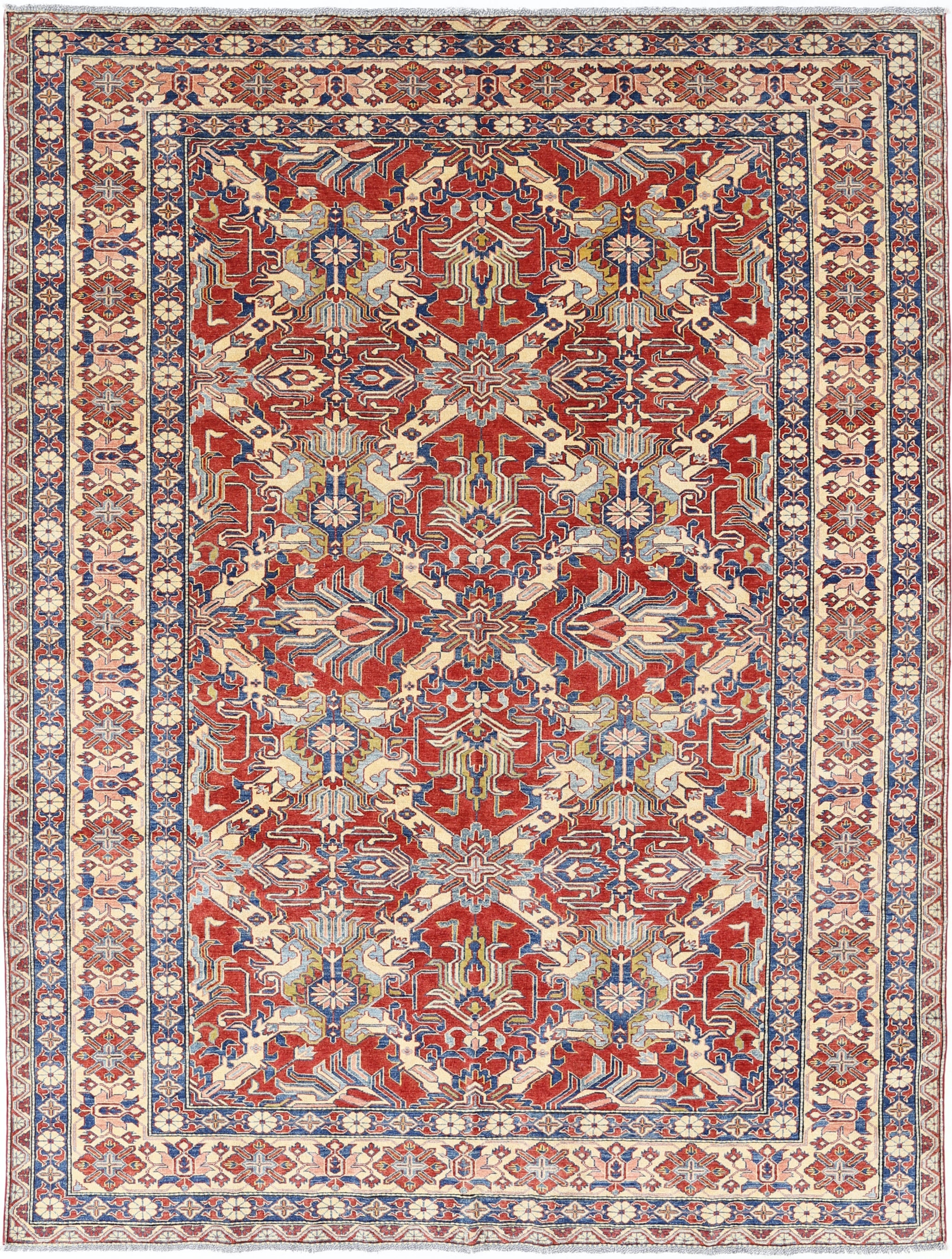8x10.6 ft Hand Knotted Tribal Rug in Red, Ivory and Blue. Traditional Carpet
