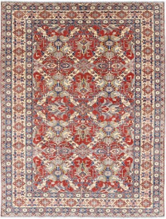 8x10.6 ft Hand Knotted Tribal Rug in Red, Ivory and Blue. Traditional Carpet