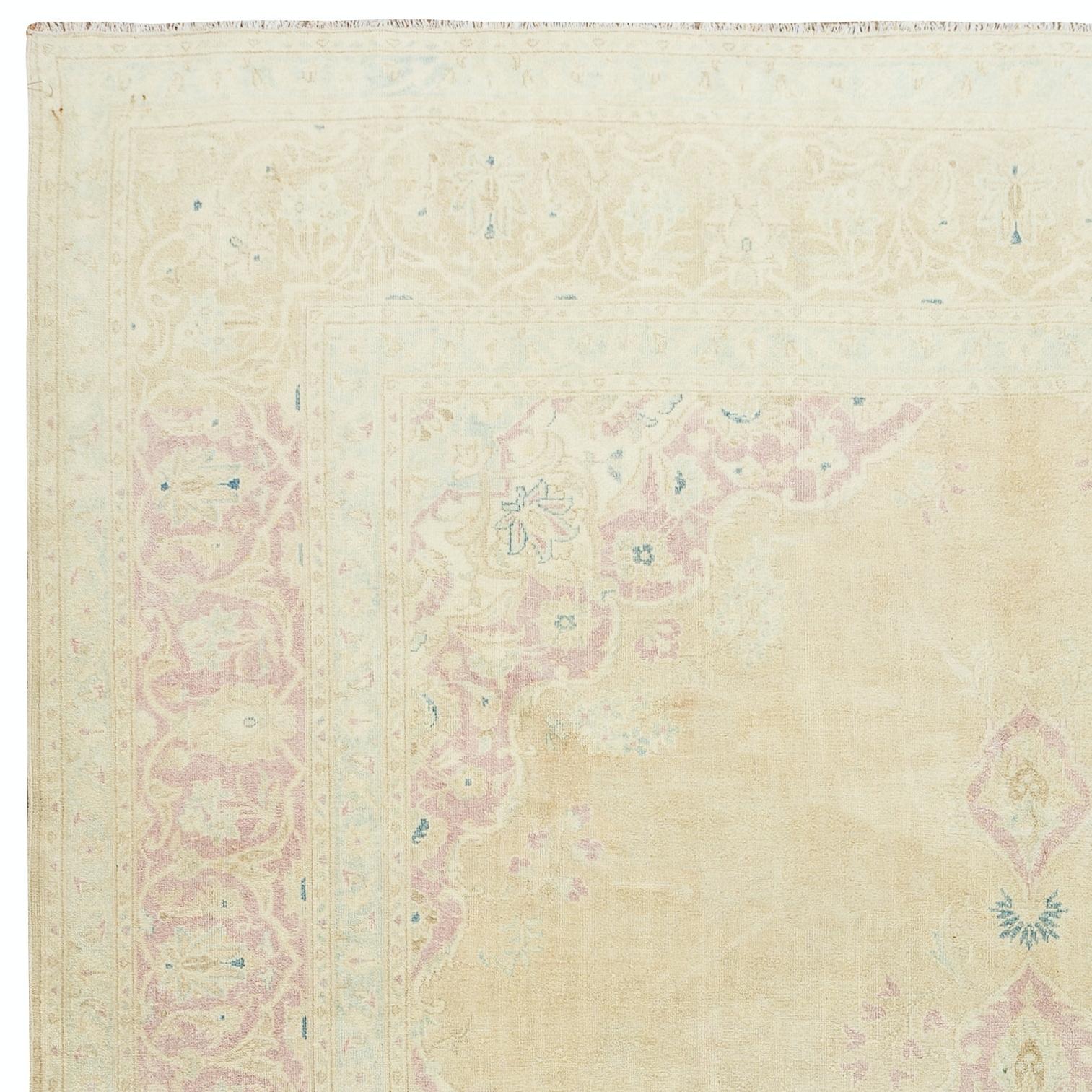 Hand-Woven 8x10.6 Ft Vintage Handmade Sun Faded Turkish Area Rug in Beige & Soft Pink For Sale