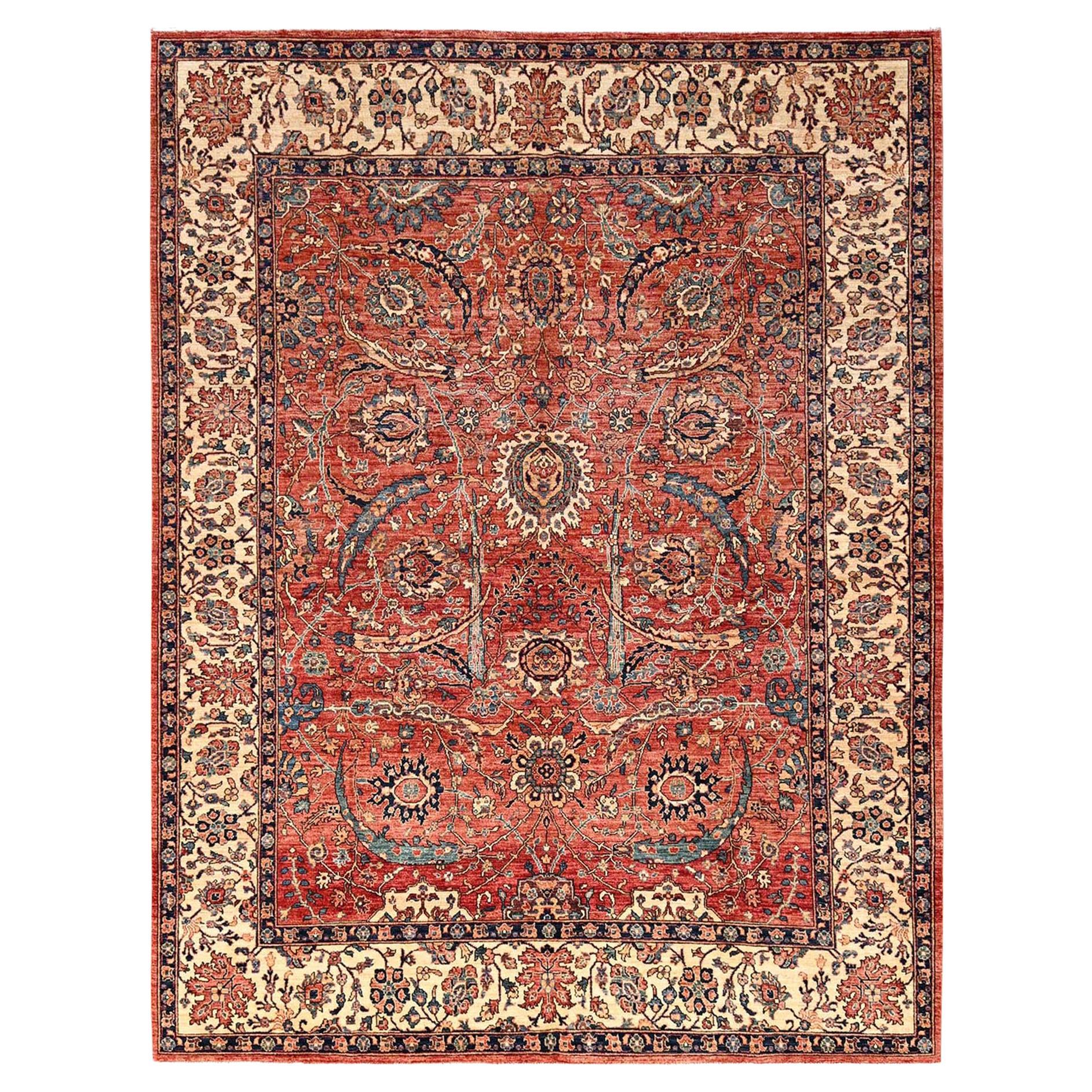 Tappeto orientale in lana annodata a mano 8
x10
6" rosso Aryana Grade Sickle Leaf Design in vendita