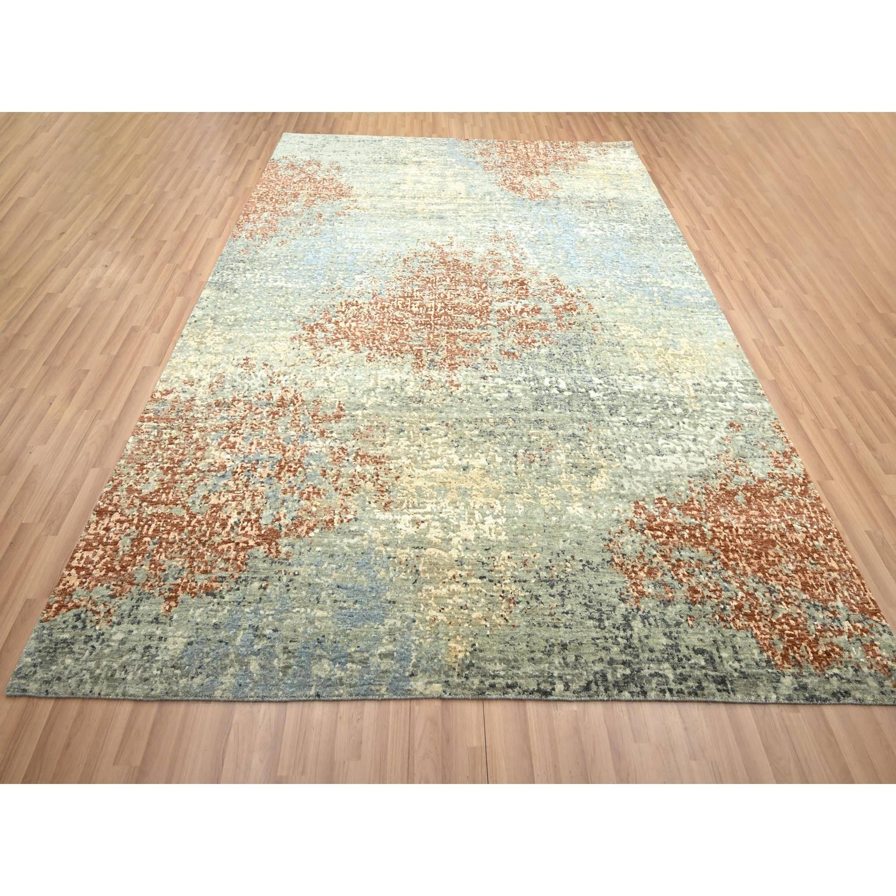 Rust Red with Gray, Persian Knot, Abstract with Galaxy Design, Pure Wool, Hand Knotted, Densely Woven, Oriental Rug
Primary materials: Wool
Latex: No Pile 
height: 0.25 Inches
Style: Contemporary
Primary color: Red
Secondary colors: Beige, Gray,
