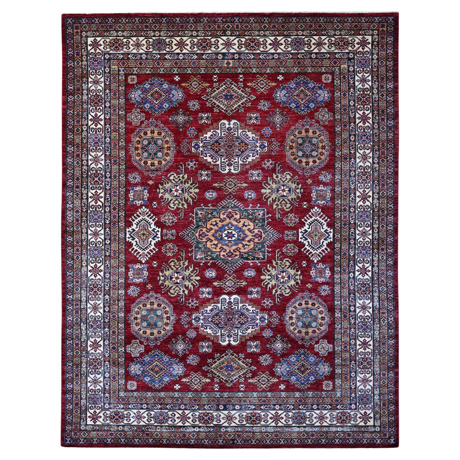 8
x10
8" Sangre Red Laine nouée à la main Super Kazak Tribal Elements Tapis d
Orient