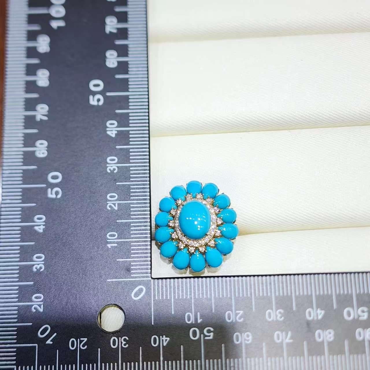 Anello con diamanti a grappolo in oro giallo 14 carati, 8x10 mm, Bella Addormentata, turchese. in vendita 5