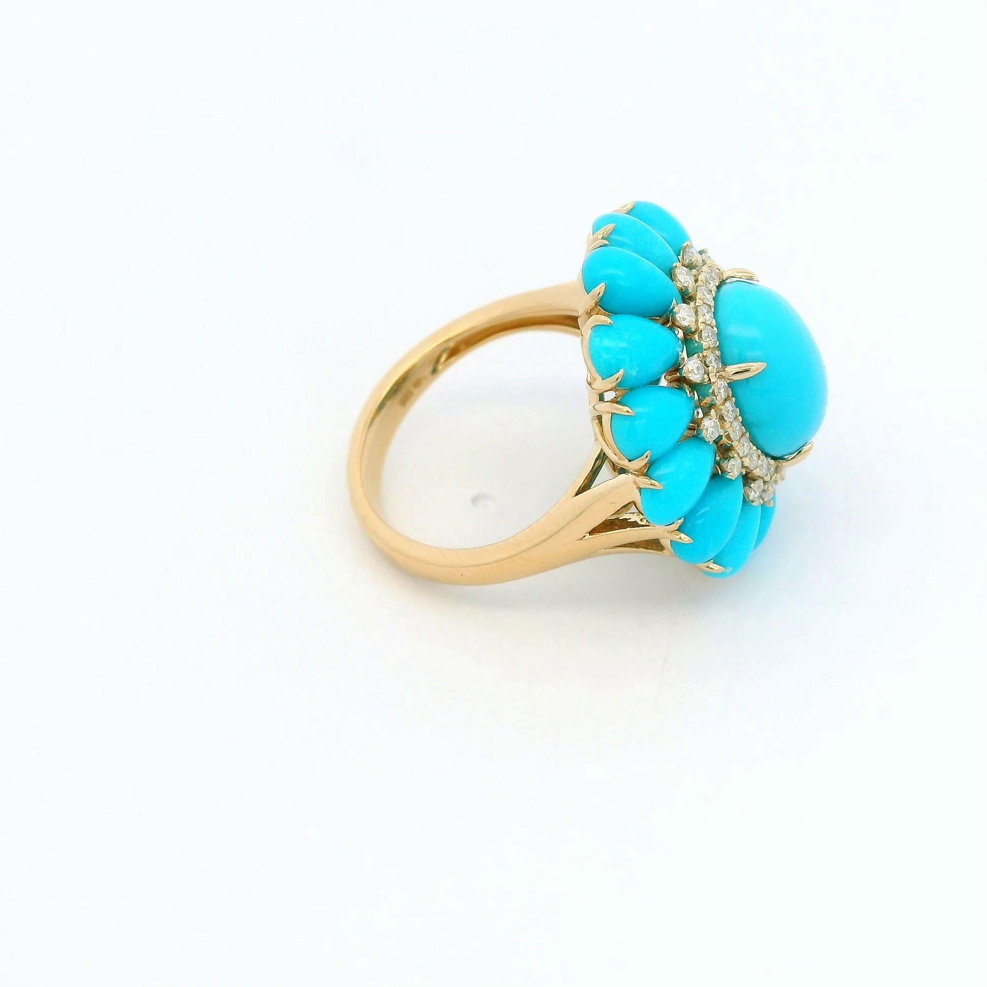 Donna Anello con diamanti a grappolo in oro giallo 14 carati, 8x10 mm, Bella Addormentata, turchese. in vendita