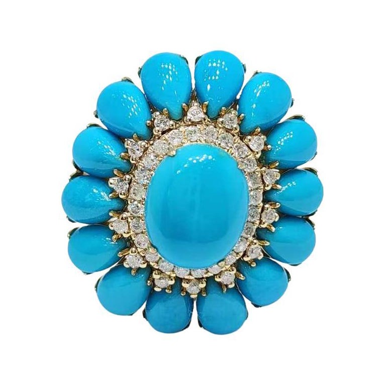 14K Yellow Gold Turquoise Diamond Cluster Ring, 0.31 Carats