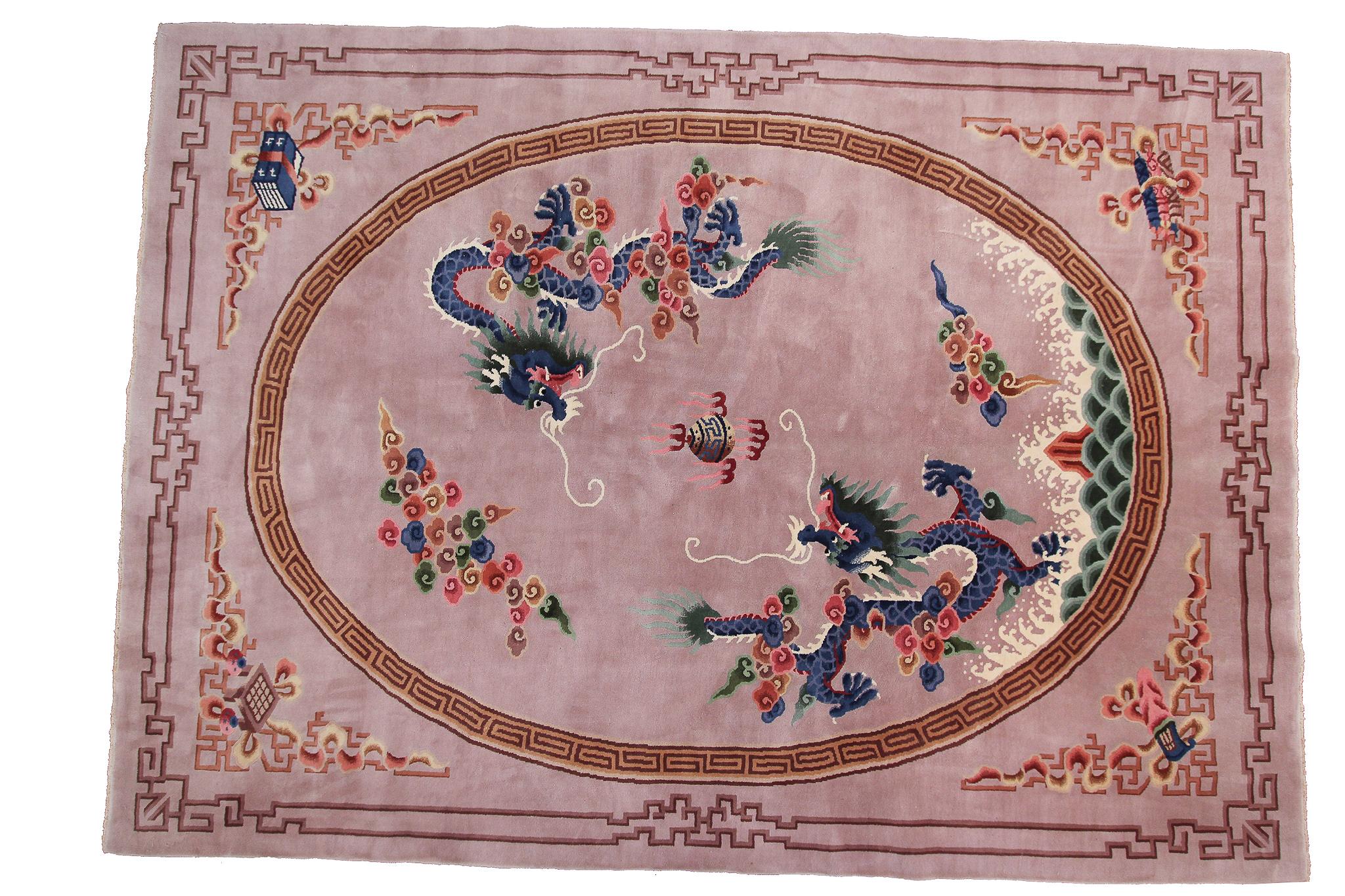 Antique Art Deco rug 8x11 dragon Chinese Walter Nichols pink 8' x 11'1