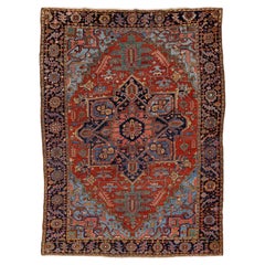 8x11 Antique Persian Heriz Serapi Rug Hand-Knotted wool In Red
