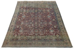 8x11 Antique Indian Agra Area Rug - Distressed Muted Red & Sage Wool