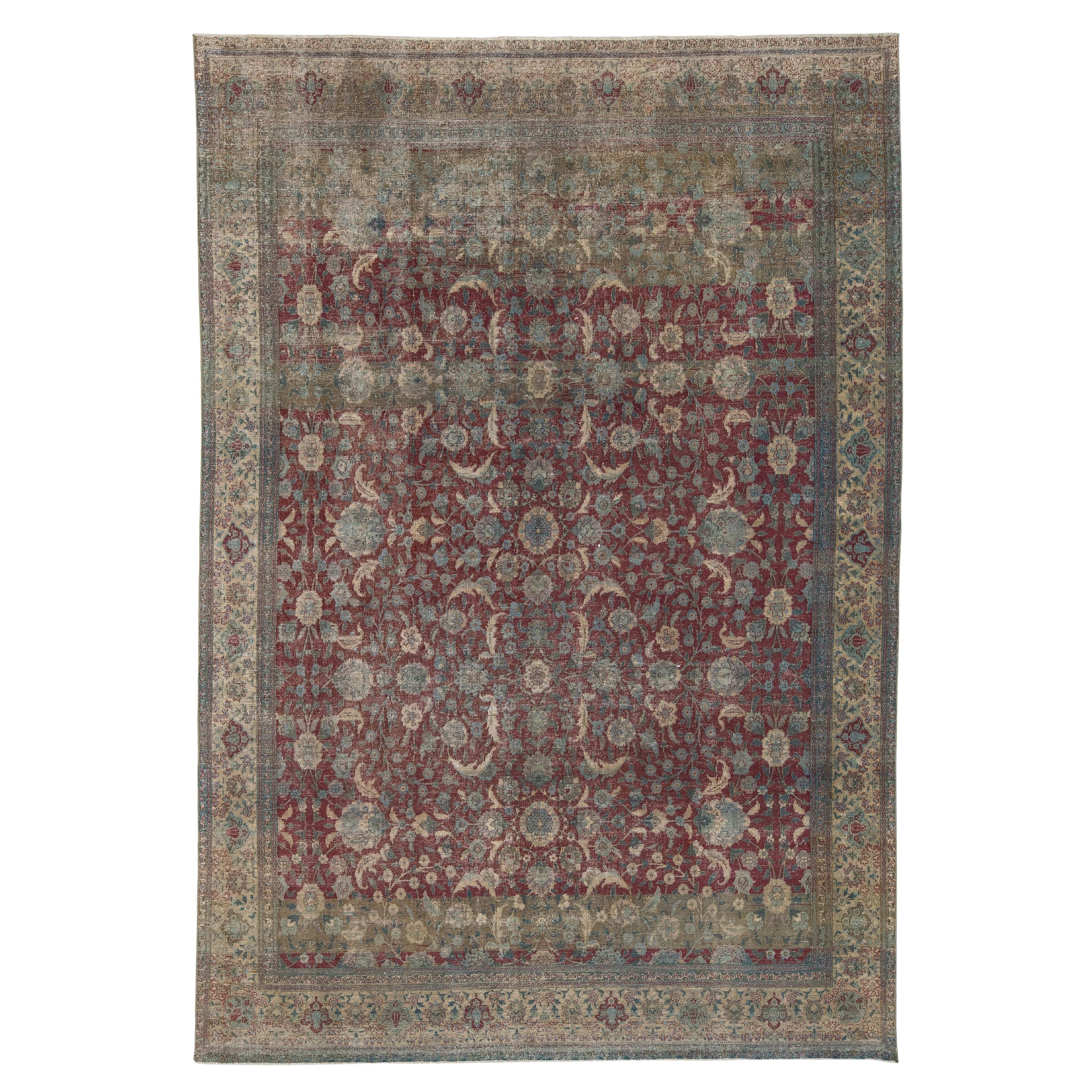 8x11 Ancien tapis turc Sivas - Laine rouge atténuée vieillie et Sage en vente