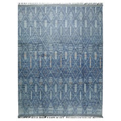 8x11 Blue Hand-Knotted Wool Diamond Lattice Stripes Tribal Modern Carpet Rug
