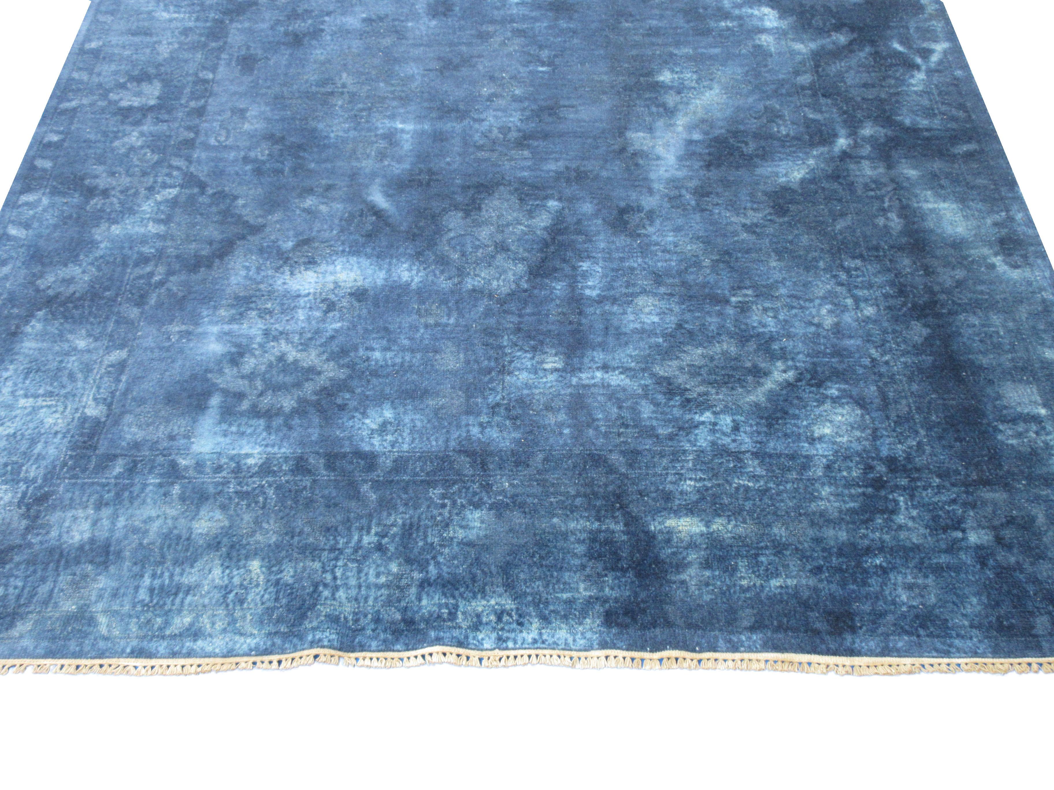 Hand-Knotted Blue Overdye Oushak For Sale