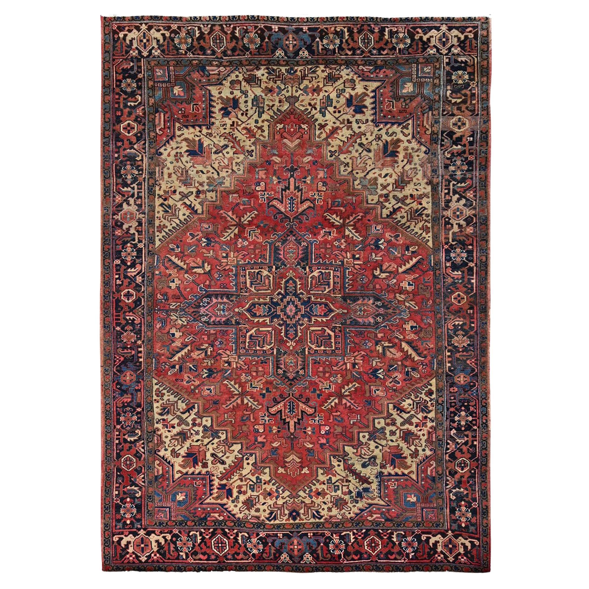 8'x11' Coral Red Vintage Persian Heriz Hand Knotted Pure Wool Oriental Rug