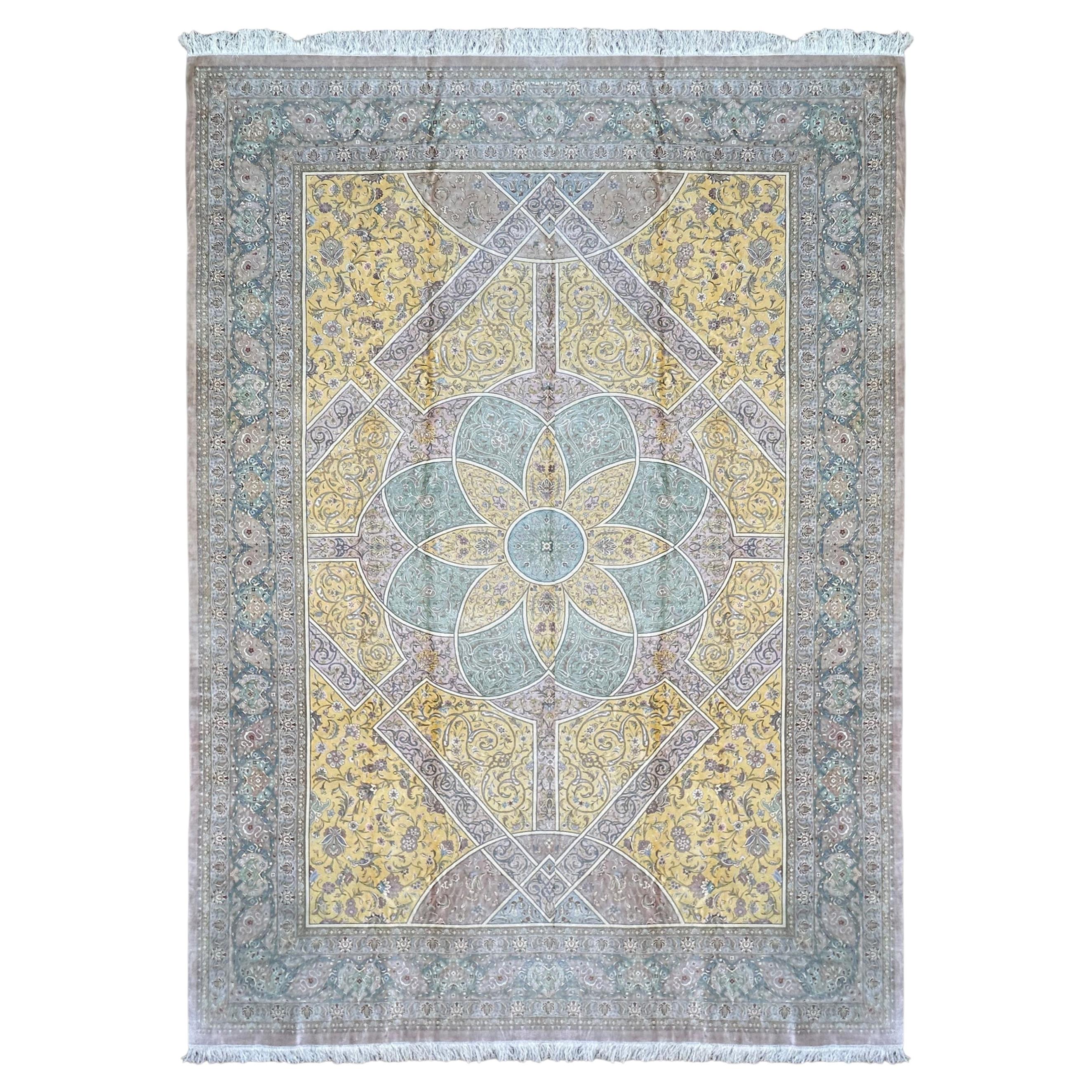 Tapis Ghom en soie d'exception, format 8x11, tapisserie architecturale de grande qualité, 244 cm x 340 cm