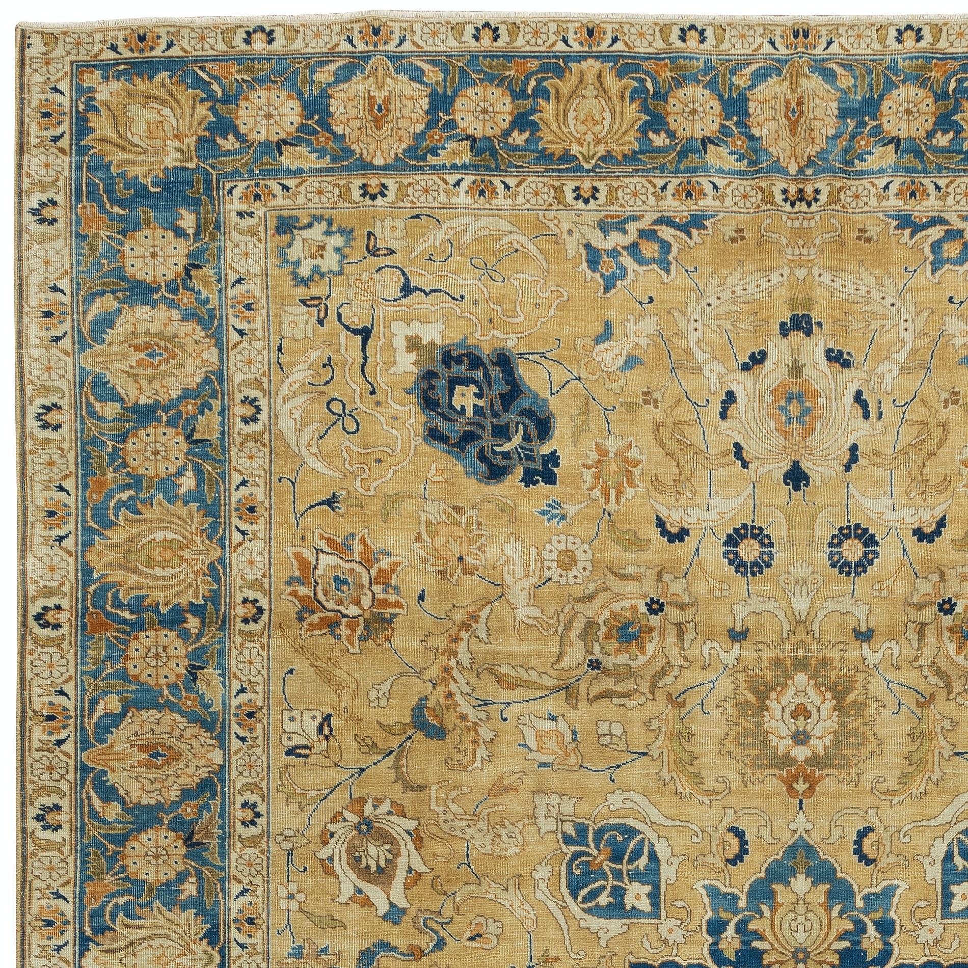 8x11 Ft Moderner handgefertigter türkischer Teppich in Beige & Blau mit Blumenmuster (Türkisch) im Angebot