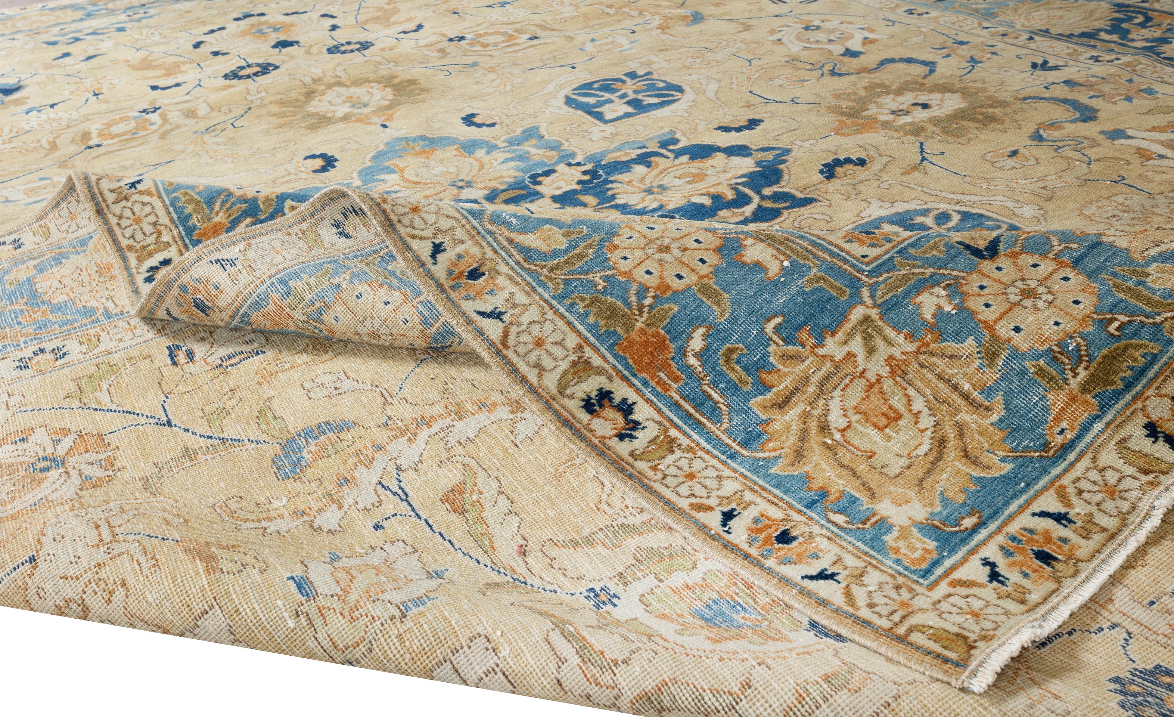 8x11 Ft Moderner handgefertigter türkischer Teppich in Beige & Blau mit Blumenmuster (Handgewebt) im Angebot