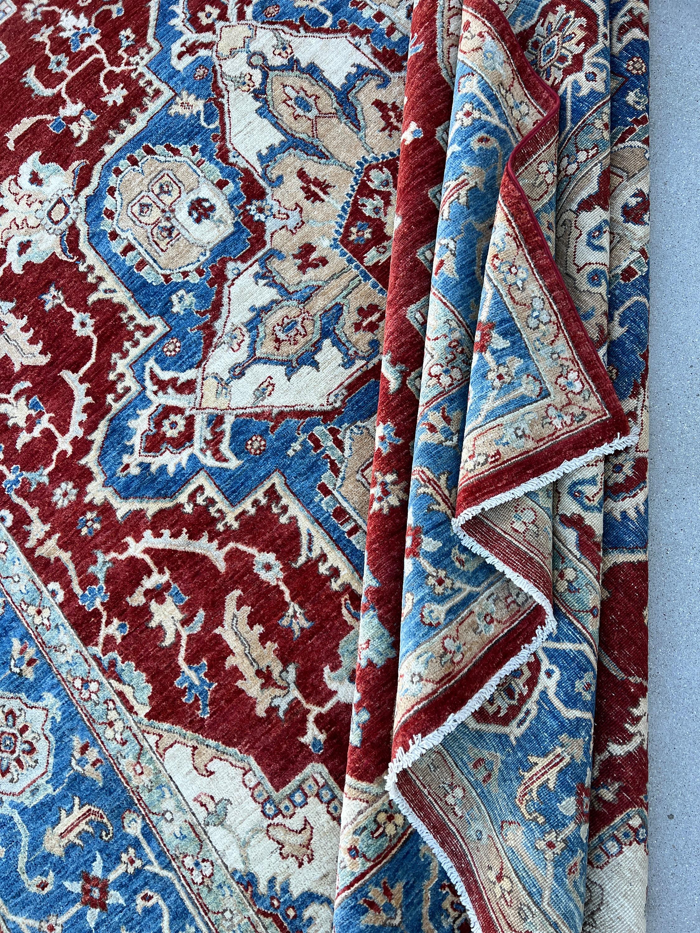 Heriz Serapi Hand-Knotted Afghan Heriz Rug Premium Hand-Spun Afghan Wool Fair Trade For Sale