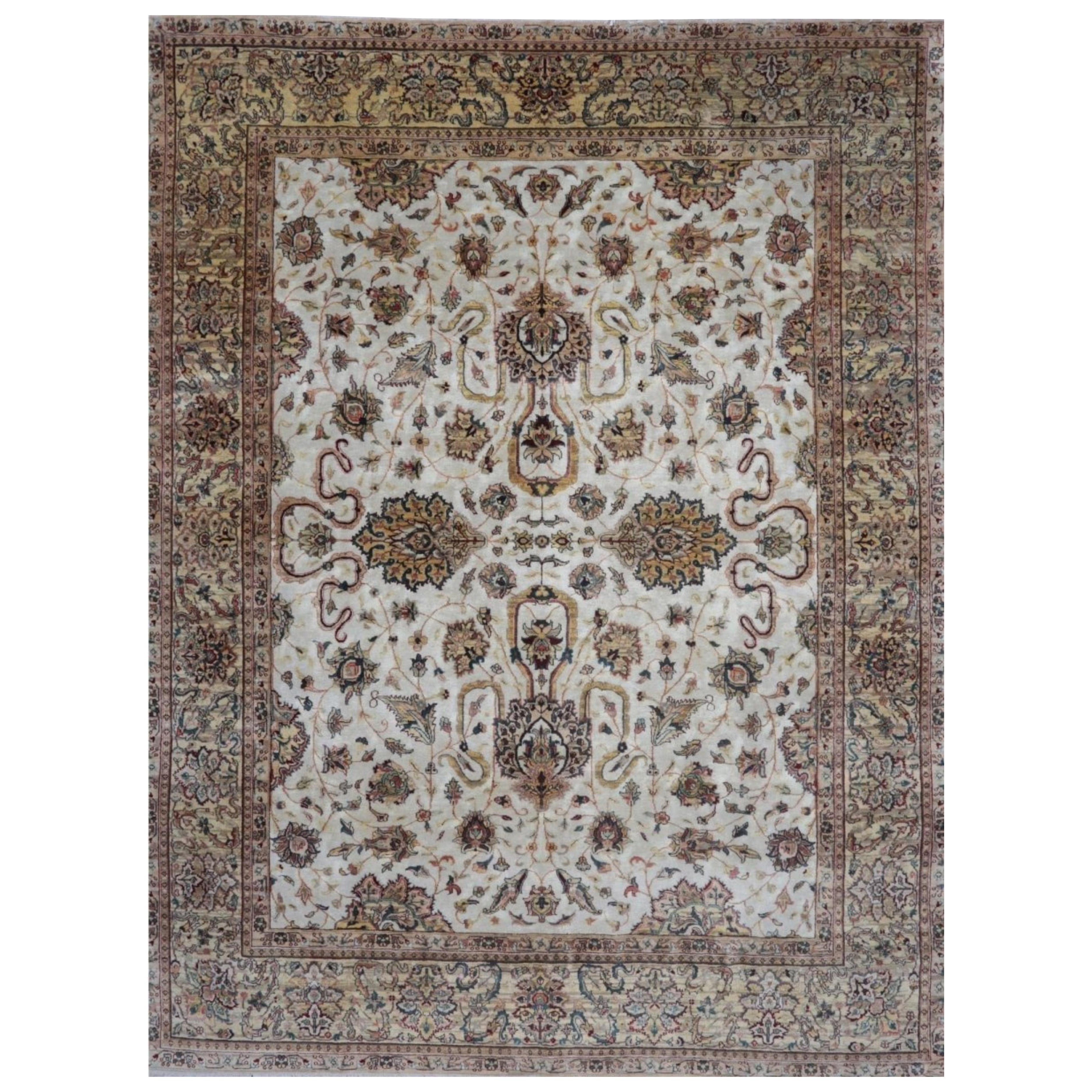 “8x11 Hand-Knotted Indian Agra Rug – Brown, Green 
Maroon Geometric Wool Carpet For Sale