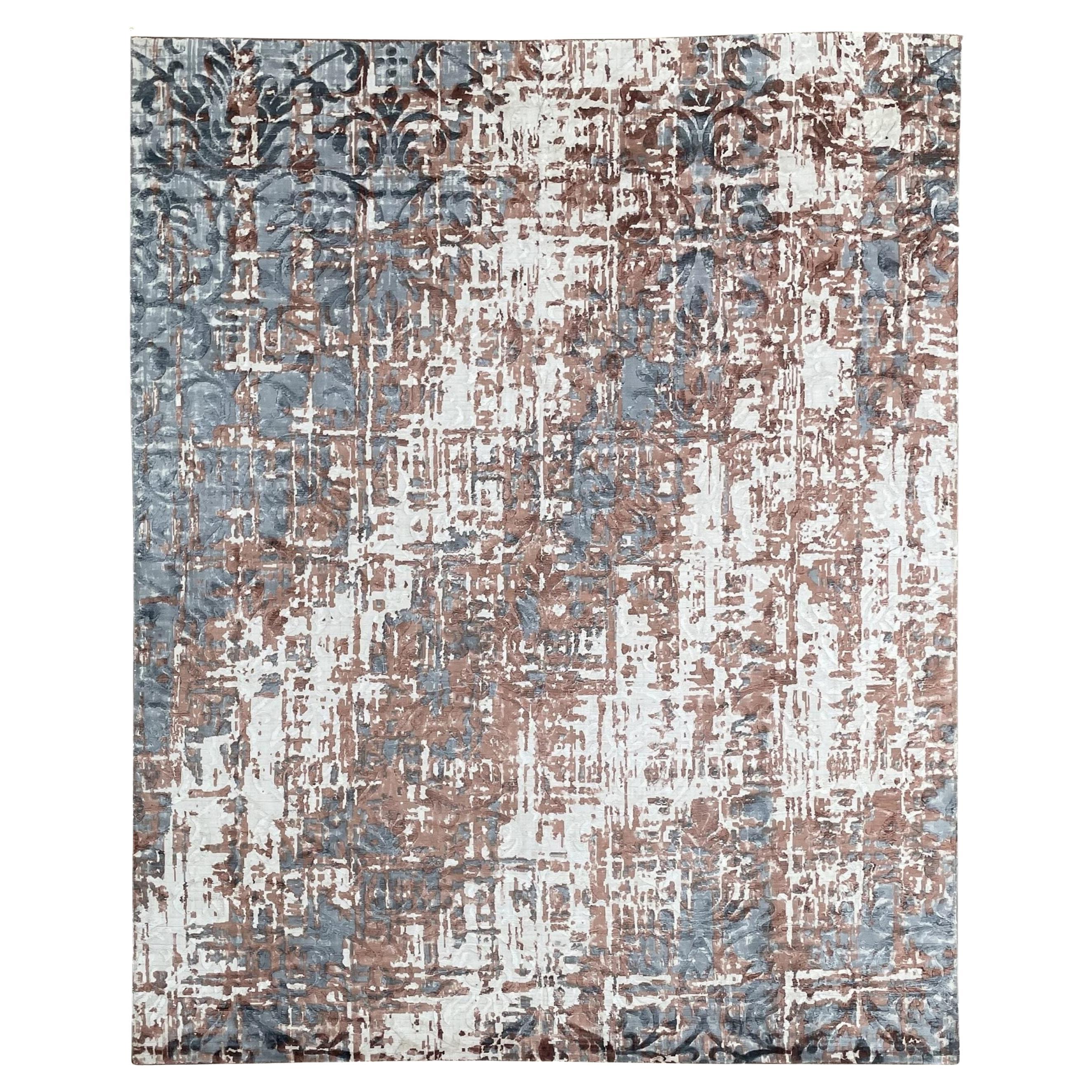 8x11 Ivory Hand-Knotted Wool Distressed Floral Texture Abstract Carpet Rug For Sale